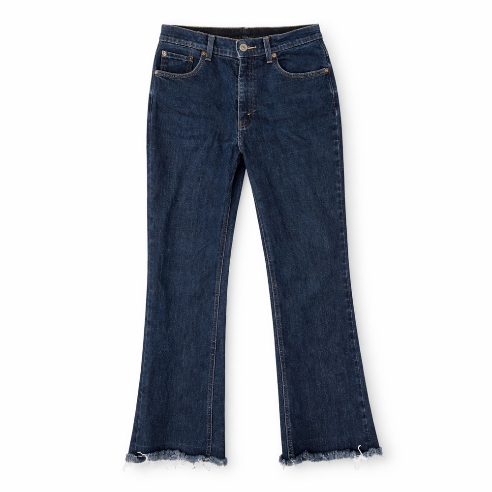 VTG‎ Levi’s flare frayed blue jeans denim dark wash zip fly high rise bootcut 27